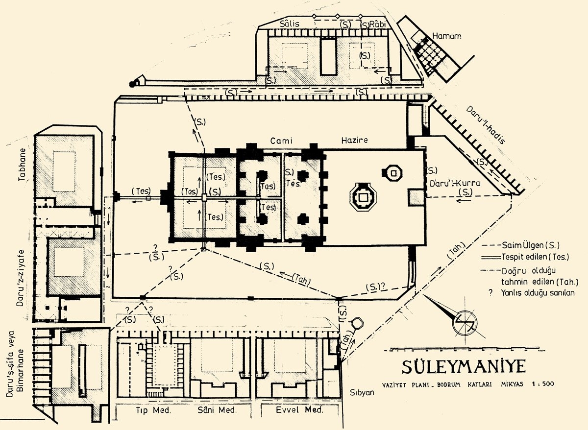 Halkalı sularının en büyüğü olan Süleymaniye su yollarından alınan suyun Süleymaniye Külliyesi’nde dağıtımını gösteren plan (Çeçen, s. 92)