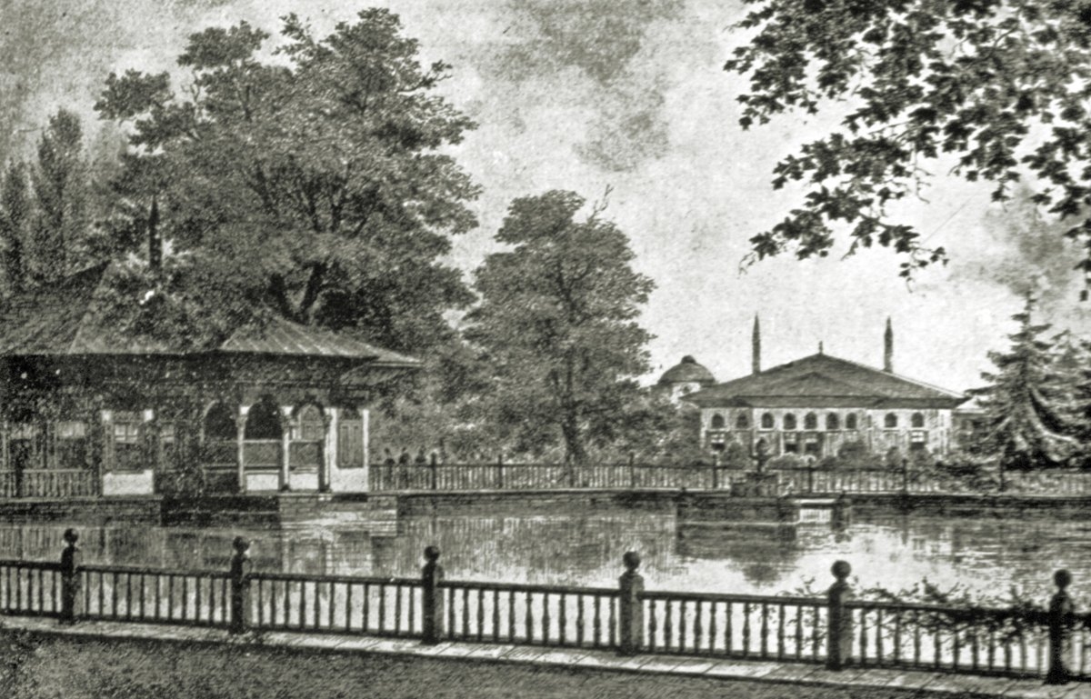 Edirne Sarayı’nın Harem kısmında, Şahvâr havuzunun kenarındaki kasırların XX. yüzyıl başında Rifat Osman tarafından yapılan resmi(Edirne Sarayı, rs. 41)