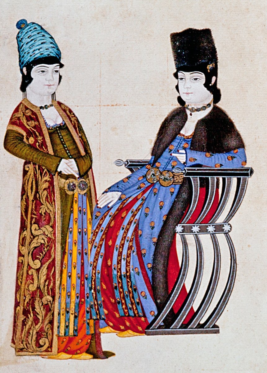 Haremde iki kadını tasvir eden bir minyatür (Abdullah-ı Buhârî Albümü, İÜ Ktp., TY, nr. 9364)