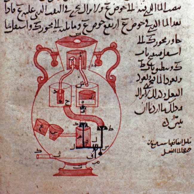 Benî Mûsâ kardeşler tarafından yazılanKitâbü’l-Ḥiyel’in resimli bir sayfasından ayrıntı(TSMK, III. Ahmed, nr. 3474, vr. 35b)