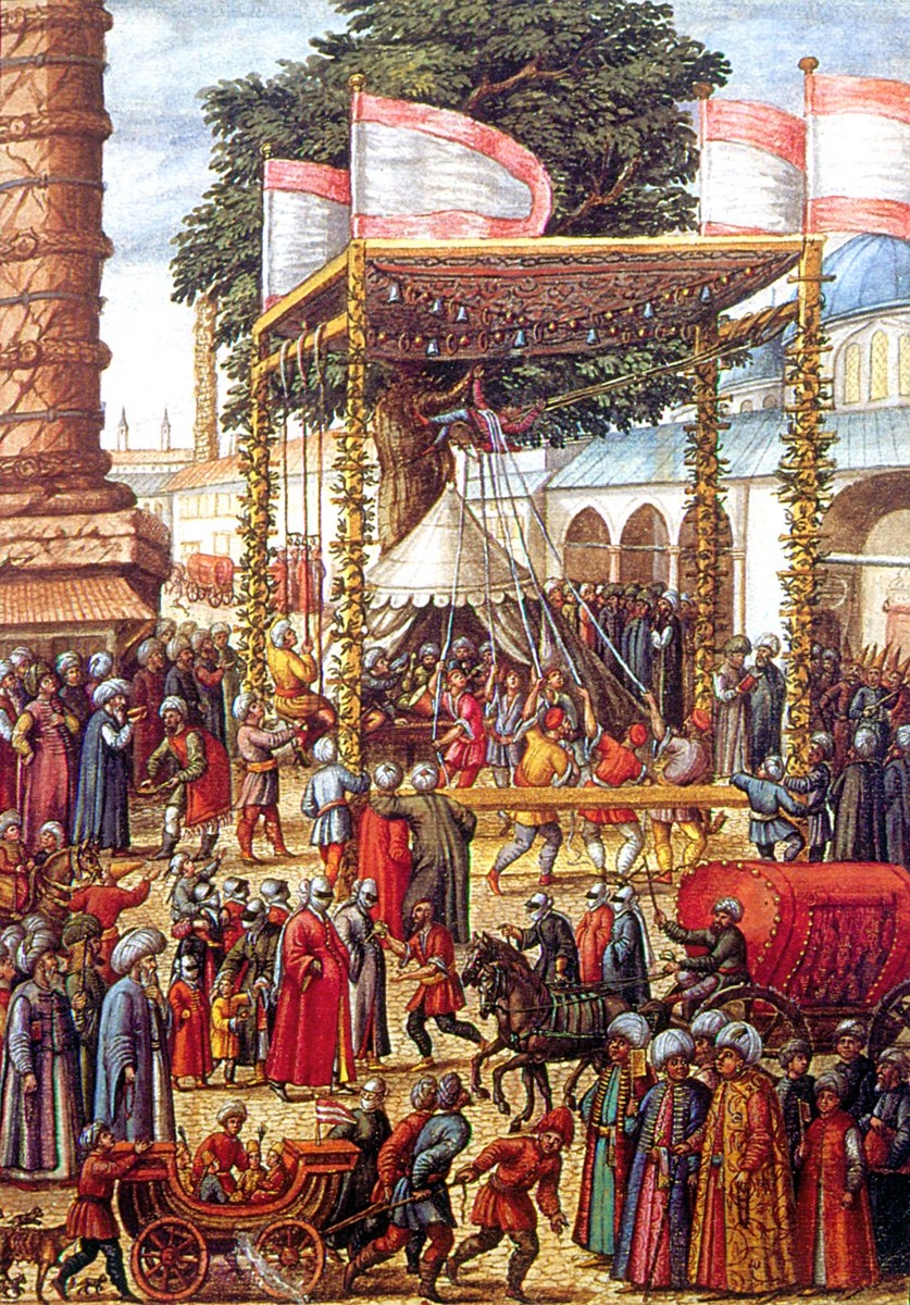 Çemberlitaş’ta yapılan bir bayram şenliğini gösteren Viyana Österreichische Nationalbibliothek’te mevcut bir el yazmasındaki (Codex Vindobonensis, nr. 8615) minyatür (M. And, 16. Yüzyılda İstanbul, İstanbul 1993, s. 261)