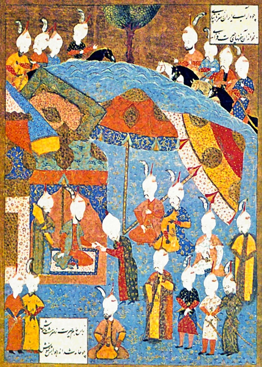 İran şehzadesi Elkas Mirza’nın Osmanlı heyetiyle görüşmesini tasvir eden minyatür(Süleymannâme, TSMK, Hazine, nr. 1517, vr. 506a)