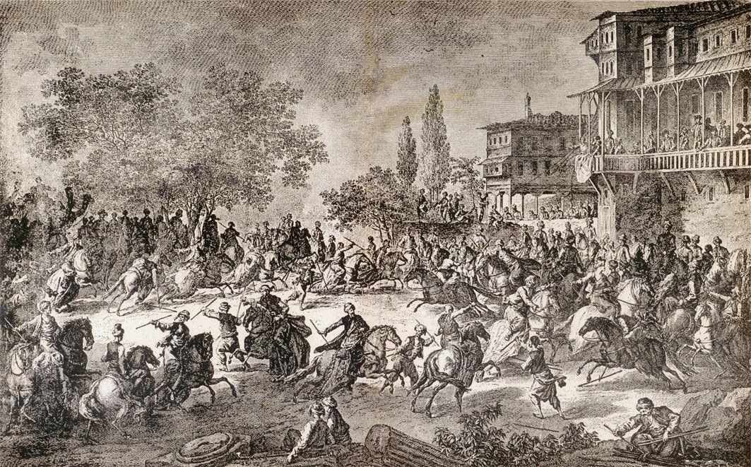 XVIII. yüzyılın sonlarına ait bir gravürde cirit oyunu (Choiseul-Gouffier, Voyage pittoresque dans l’Empire Ottoman, Paris 1822, II, lv. 24)