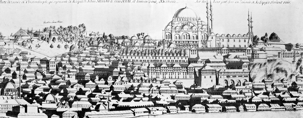 Sarây-ı Atîk-i Âmire ve Süleymaniye Külliyesi’nin tasvir edildiği Cornelius Loos tarafından çizilen 1710 tarihli gravür (Stockholm National Museum, NM TCH, nr. 9116)