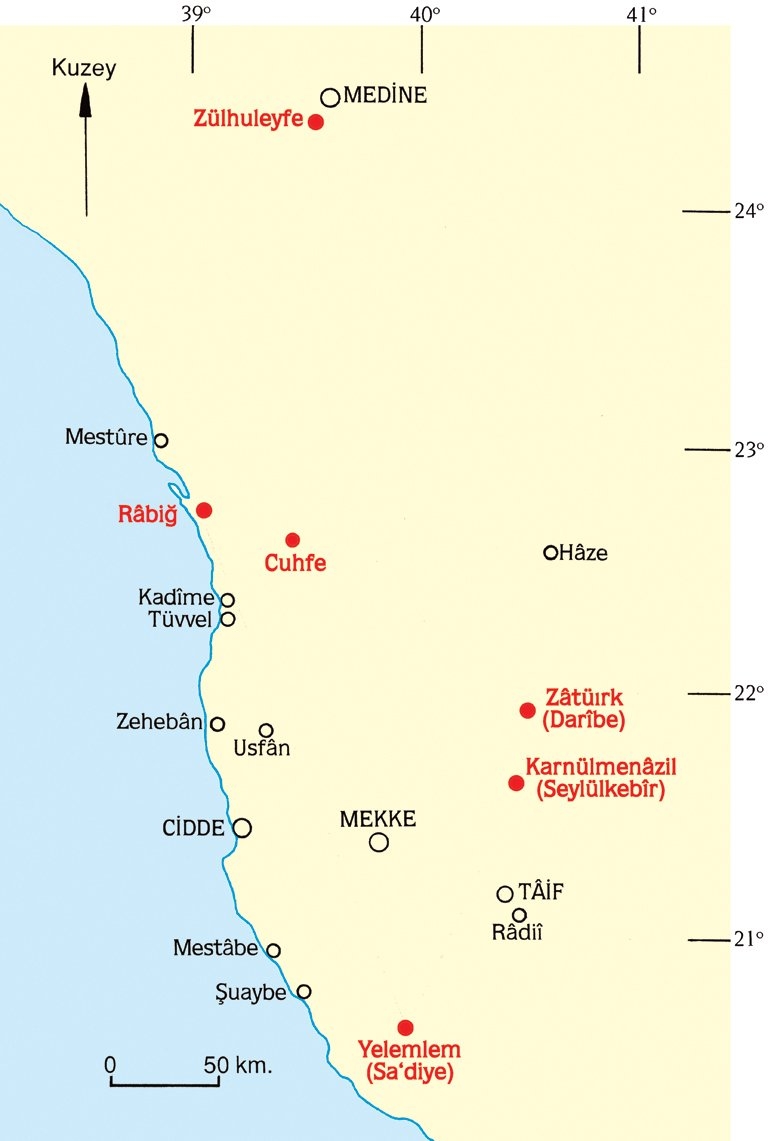 Mîkāt noktalarını gösteren harita