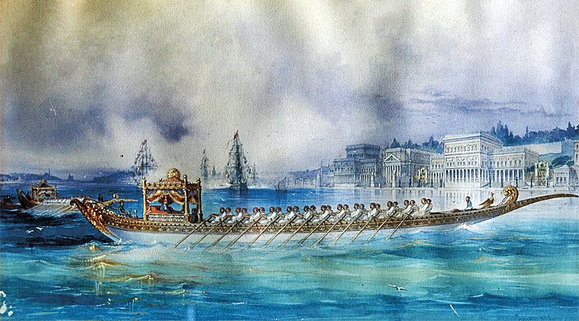 Çırağan Sarayı önünde bir saltanat kayığınıtasvir eden 1851 tarihli sulu boya tablo(İstanbul Deniz Müzesi, nr. 2336)