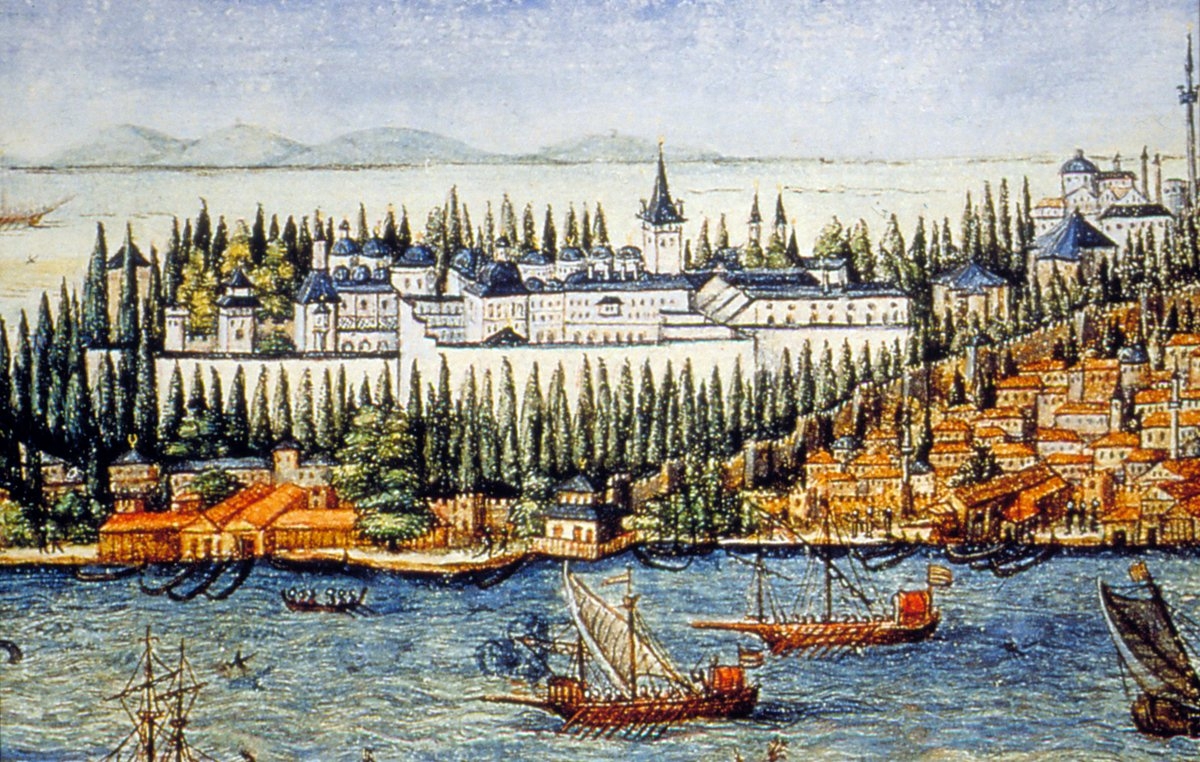 Topkapı Sarayı’nda XVI. yüzyıl sonunda inşa edilen Harem’in cephe yapılarını gösteren 1580’li yıllardan kalan panoramadan bir detay(Codex Vindobonensis, Österreichische Nationalbibliothek, nr. 8626)