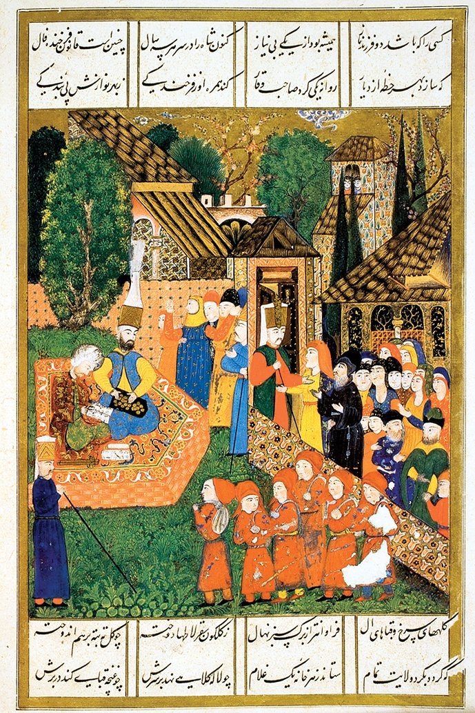 Devşirmelerin kayıtlarının yapılmasını ve yol paralarının verilmesini tasvir eden minyatür (Süleymannâme, TSMK, Hazine, nr. 1517, vr. 31b)