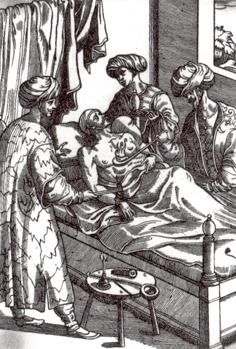 XVI. yüzyılda hastahanede yaraları dağlama usulü ile tedavi eden Osmanlı (Mısır) hekimleri gravürü (Prosperus Alpinus, De medicine Aegyptiorum, Venedik 1591)