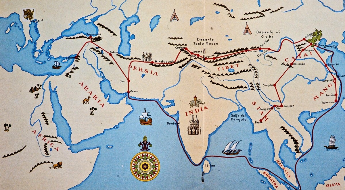 Marco Polo’nun seyahatlerinin güzergâhını gösteren harita