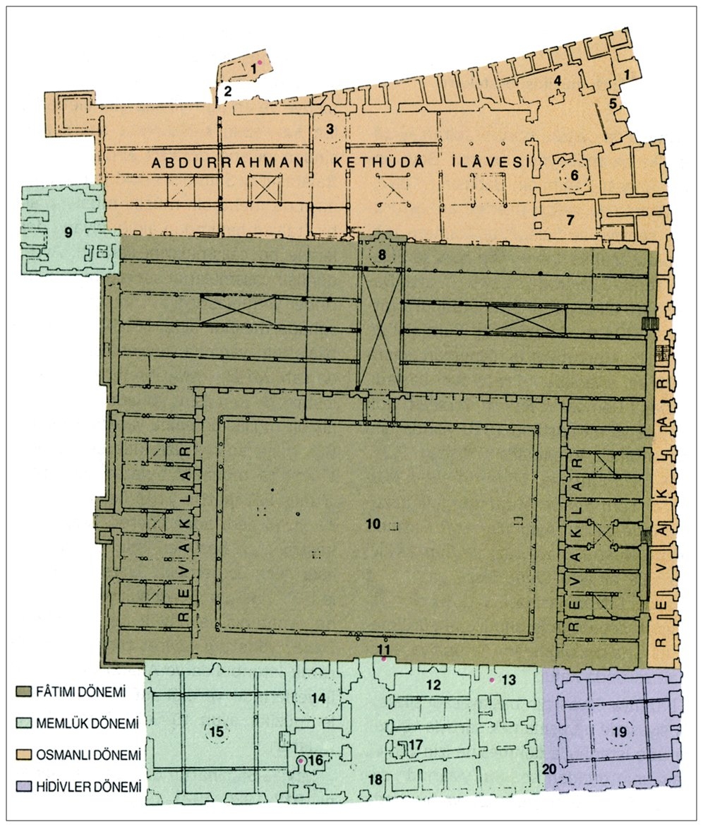 Ezher Camii’nin planı: 1. Abdurrahman Kethüdâ Minaresi 2. Bâbü’ş-şurba 3. Abdurrahman Kethüdâ Mihrabı 4. Abdurrahman Kethüdâ Sebili 5. Bâbü’s-saâyide 6. Abdurrahman Kethüdâ Türbesi 7. İdâretü’l-mescid 8. İlk mihrap 9. Cevheriyye Medresesi 10. Açık avlu 11. Kayıtbay Minaresi 12. Taybarsiyye Medresesi 13. Gavri Minaresi 14. Akboğa Türbesi 15. Akboğaviyye Medresesi 16. Akboğa Minaresi 17. Taybars Türbesi 18. Bâbü’l-müzeyyinîn 19. Revâku’l-Abbâsiyye 20. Bâbü’l-Abbâsiyye