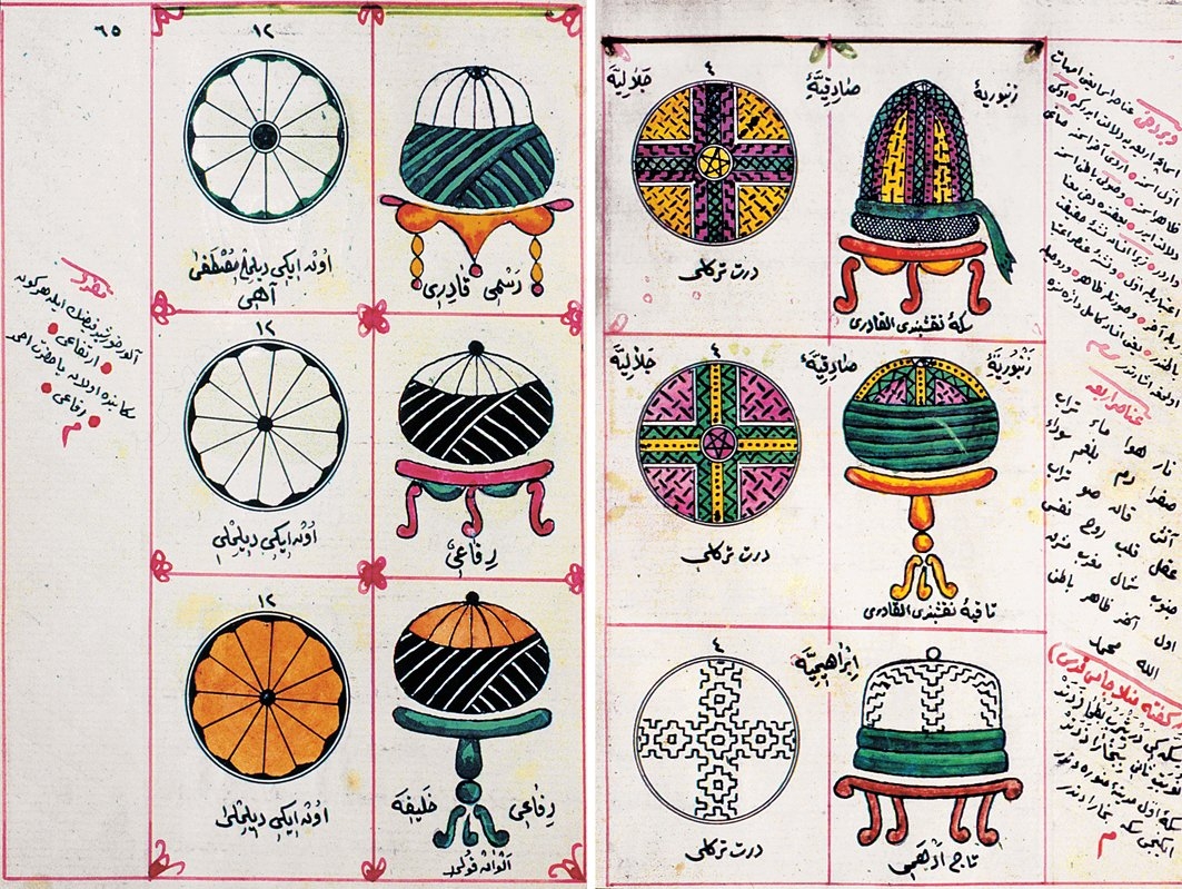 Yahyâ Âgâh Efendi’nin Mecmûatü’z-zarâif sandûkatü’l-maârif adlı eserinde çeşitli tarikat taçlarının resmedildiği sayfalar(Süleymaniye Ktp., Nuri Arlasez, nr. 101, s. 20, 65)