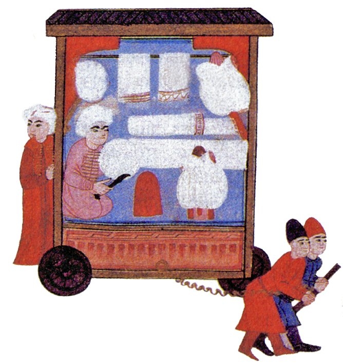 Şehzade Mehmed’in sünnet şenliğinde kavukçuların resmigeçidini tasvir eden minyatür (Nakkaş Osman, Surnâme-i Hümâyun, TSMK, nr. 1344, vr. 353a’dan detay)