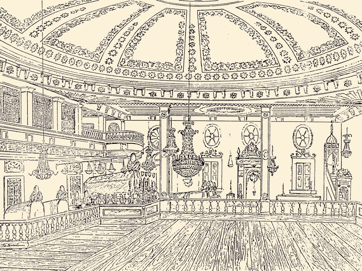 Karahisar Mevlevîhânesi’nin içini tasvir eden Hüsnü Yûsuf Bey tarafından yapılmış karakalem resim (Barihüda Tanrıkorur fotoğraf arşivi)