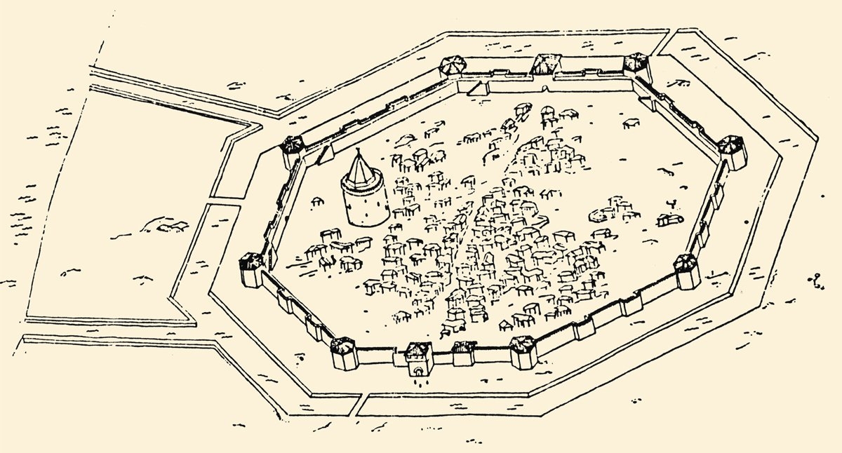 Kanûnî Sultan Süleyman zamanında inşa edilen Avlonya Kalesi’nin XIX. yüzyılda Apollon Baçe’ye göre çizilmiş rekonstrüksiyonu (“Kalaja e Vlorës”, Monumentet, V/6, s. 46, şekil 3)