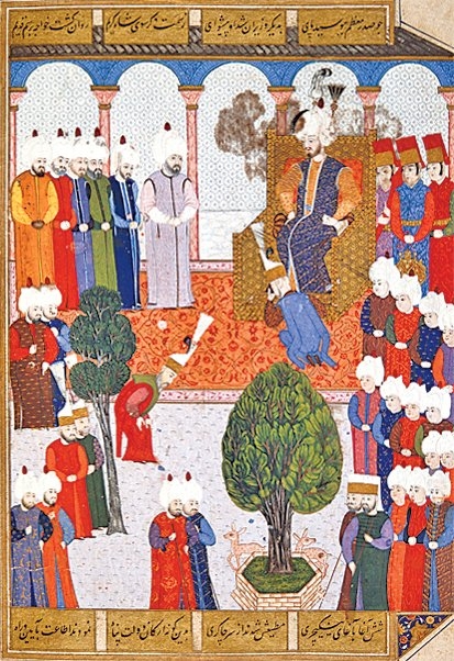 III. Murad’ın cülûsunu tasvir eden bir minyatür (Şehinşâhnâme, İÜ Ktp., FY, nr. 1404, vr. 11b)