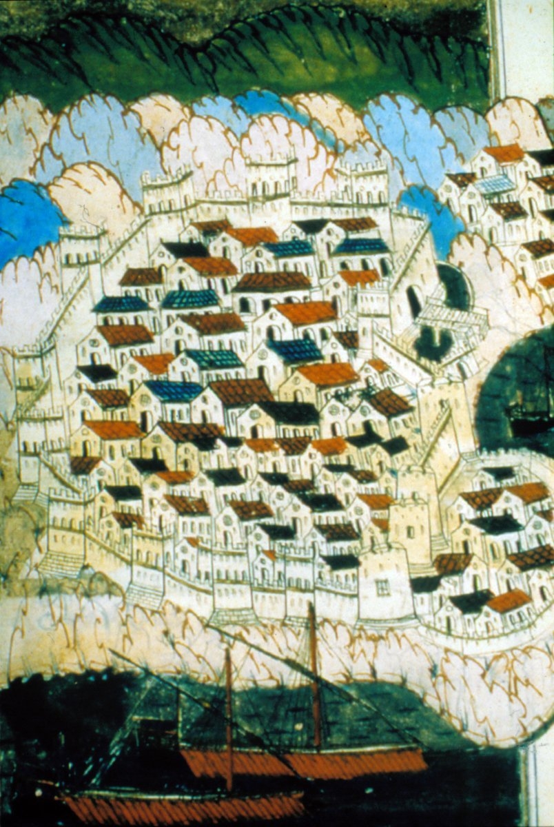 Koron Kalesi’ni gösteren bir gravür (Târîh-i Sultân Bâyezid Han, TSMK, Revan Köşkü, nr. 1272, vr. 26a)