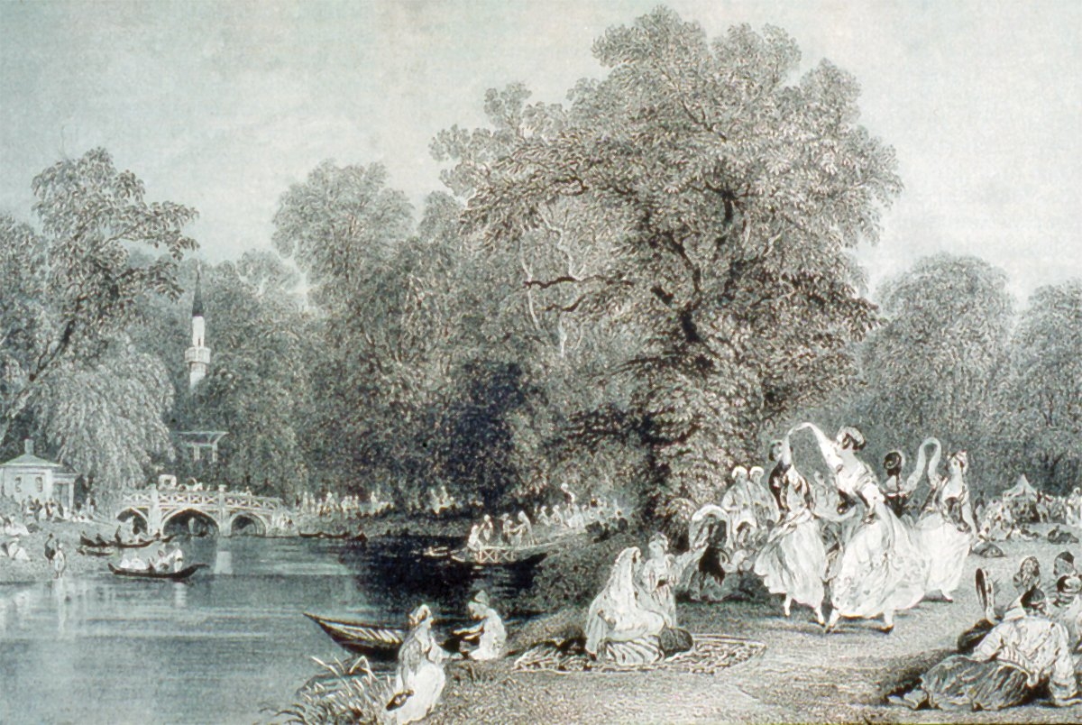 XIX. yüzyılın ortalarına doğru Kâğıthane’yi gösteren Thomas Allom’un gravürü (Constantinople and the Scenery of the Seven Churches of Asia Minor, London 1840, lv. 35)