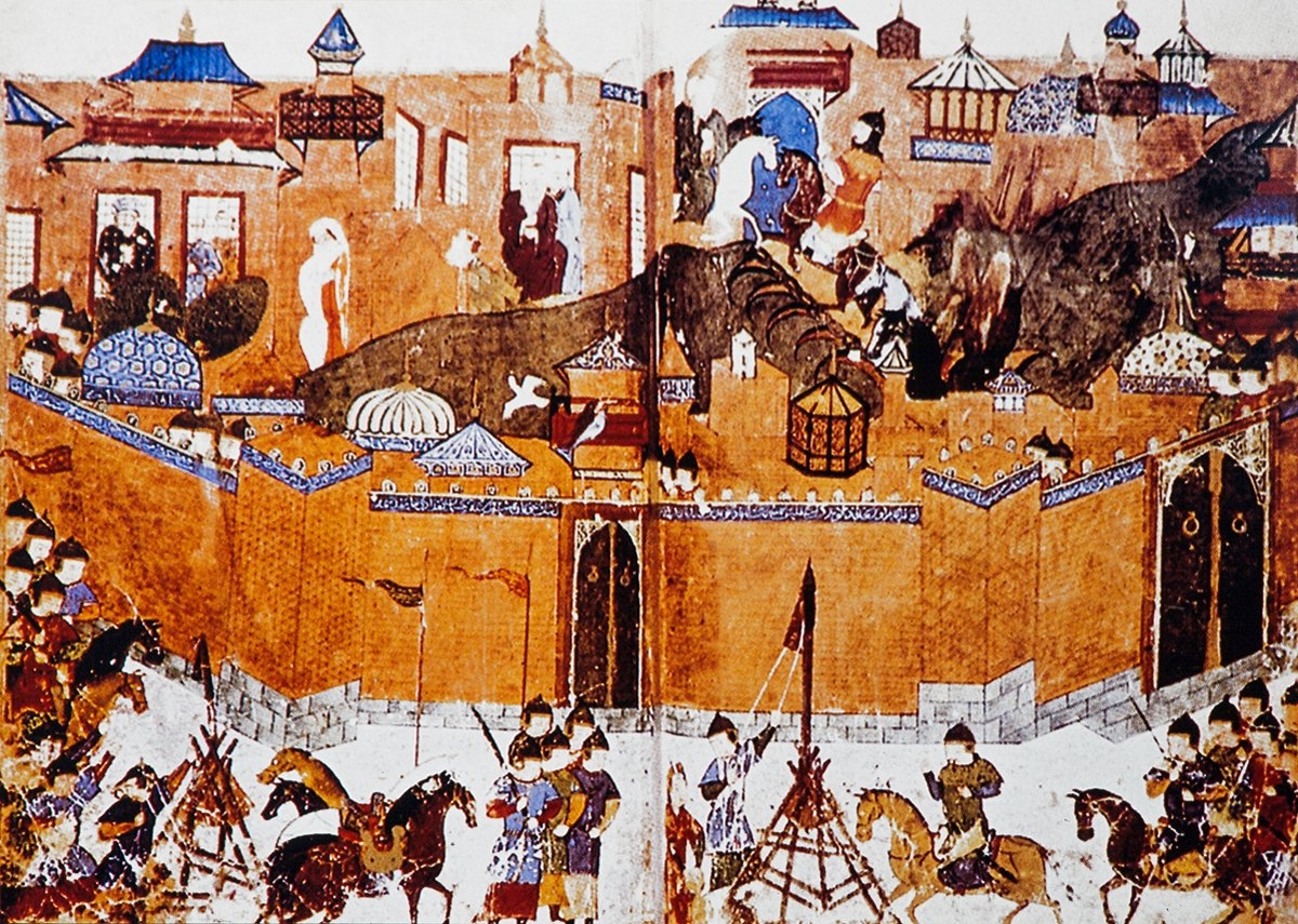 Hülâgû’nun Bağdat muhasarasında kullandığı mancınıkları gösteren bir minyatür (Servet Ukkâşe, Mevsûʿatü’t-taṣvîri’l-İslâmî, Beyrut 1999, lv. 135)