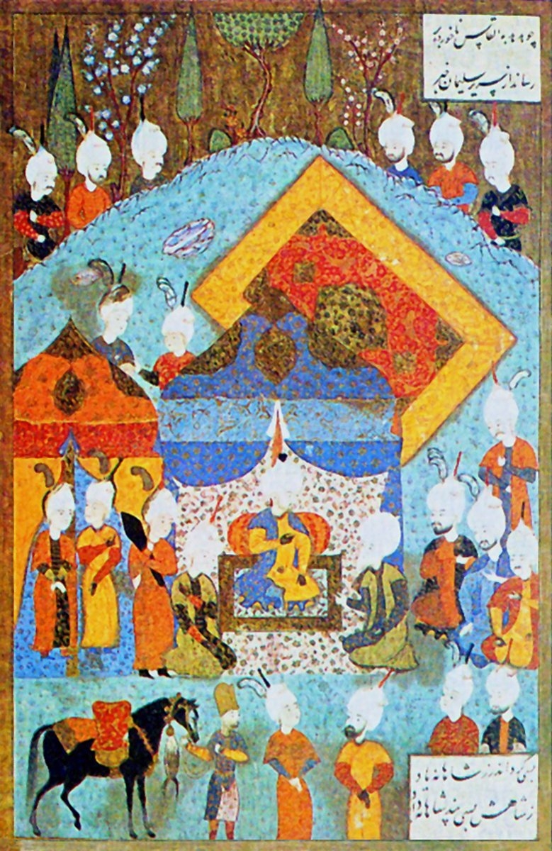 Şah Tahmasb’ın Osmanlı elçisini kabul merasimini tasvir eden minyatür (Süleymannâme, TSMK, Hazine, nr. 1517, vr. 550a)