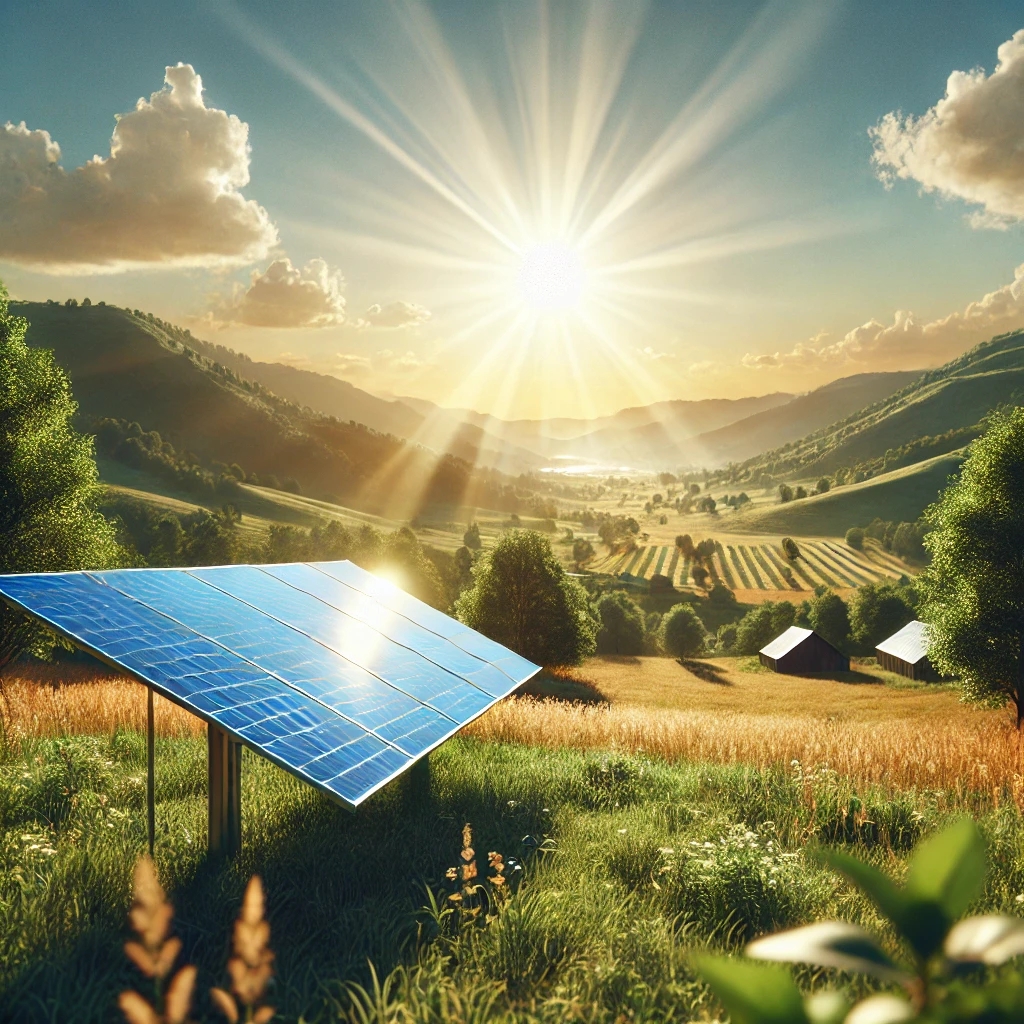 DALL·E 2025-01-25 16.37.26 - A serene landscape with a modern solar panel array on a grassy field, surrounded by nature, with the sun shining brightly. The scene shows the solar p.webp