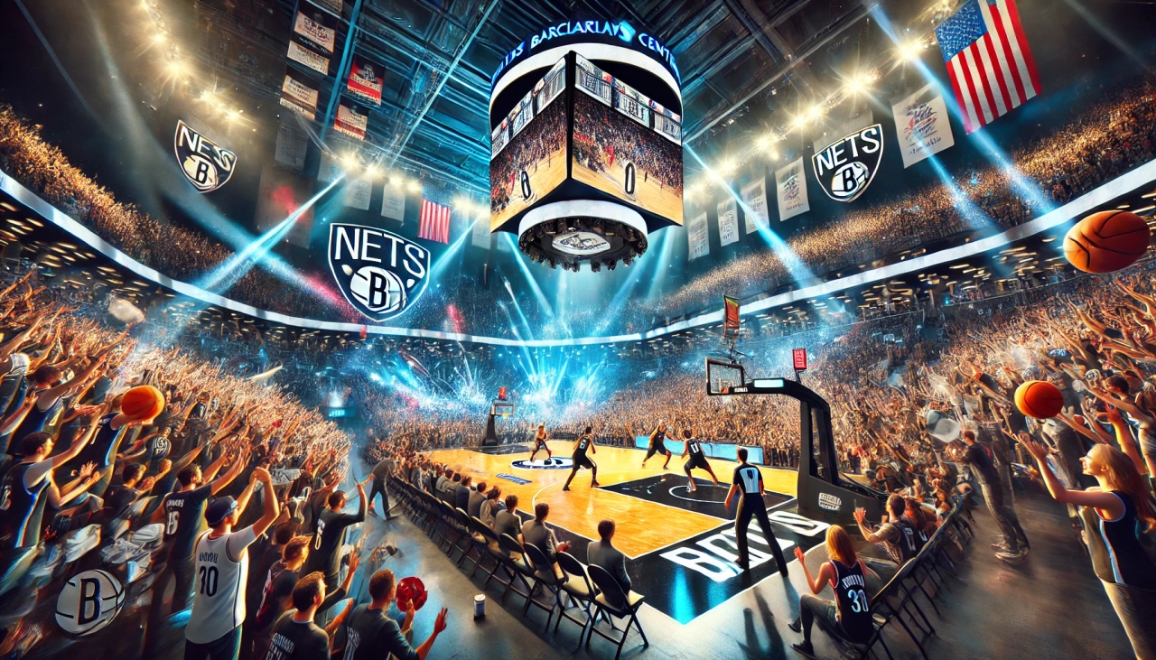 DALL·E 2025-01-28 22.48.41 - A vibrant and electrifying depiction of a Brooklyn Nets basketball game at the Barclays Center. The scene showcases players in action on the court, pe.webp