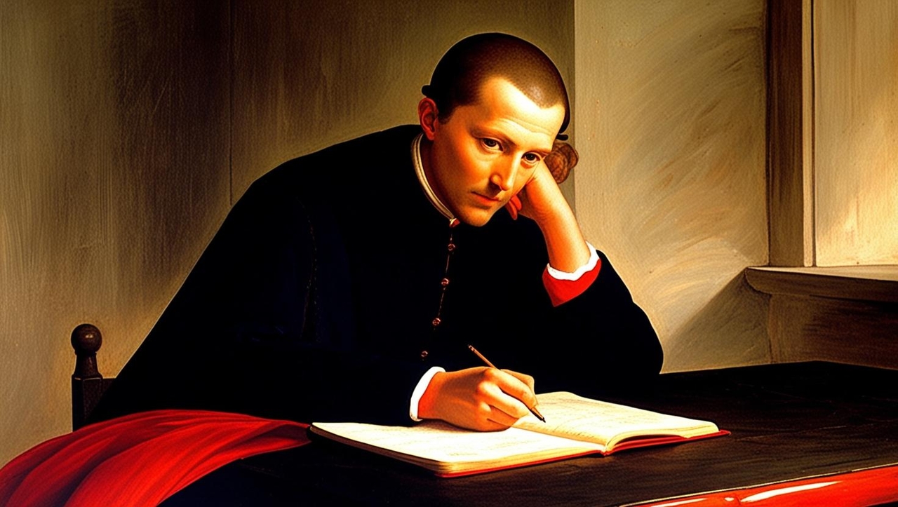 Genç Machievelli'nin bir masanın üzerindeki bir deftere yazı yazarkenki fotoğrafı.jpg