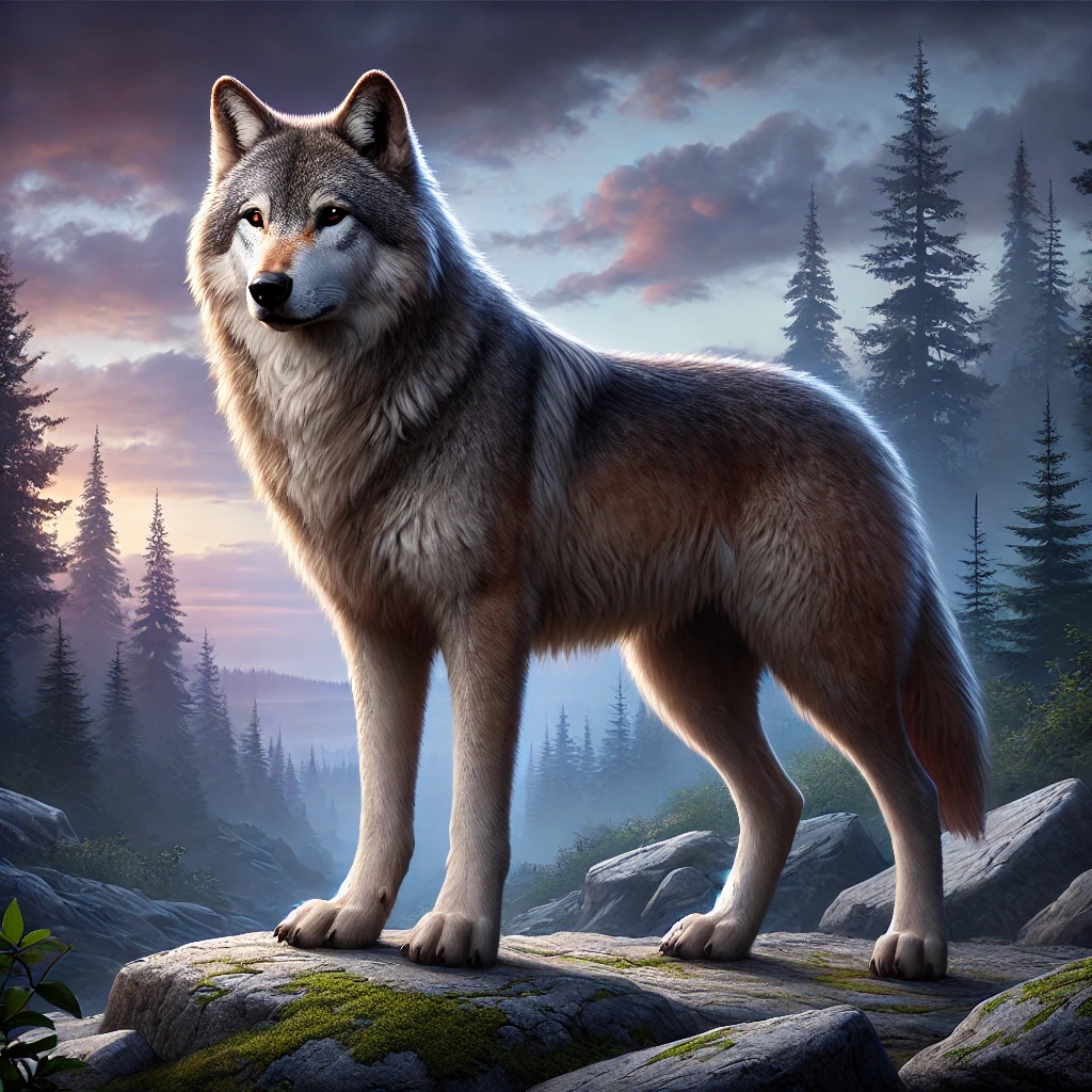 DALL·E 2025-03-03 12.10.40 - A majestic wolf standing on a rocky terrain with a dense forest in the background. The wolf has a strong, confident posture, symbolizing power and ind (1).webp