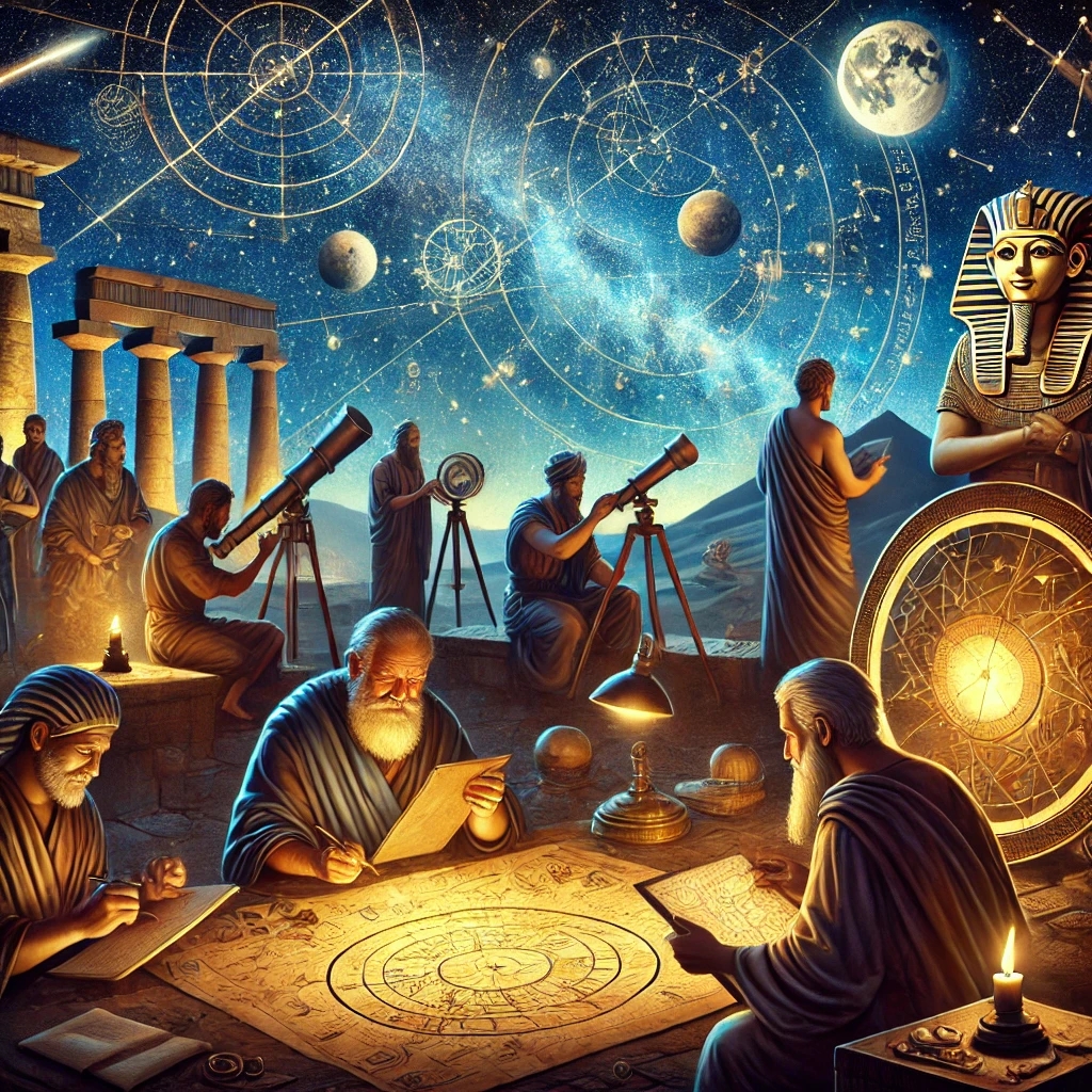 DALL·E 2025-03-12 17.06.02 - An ancient stargazing scene featuring astronomers from different civilizations. The illustration includes Babylonian scholars inscribing celestial mov.webp