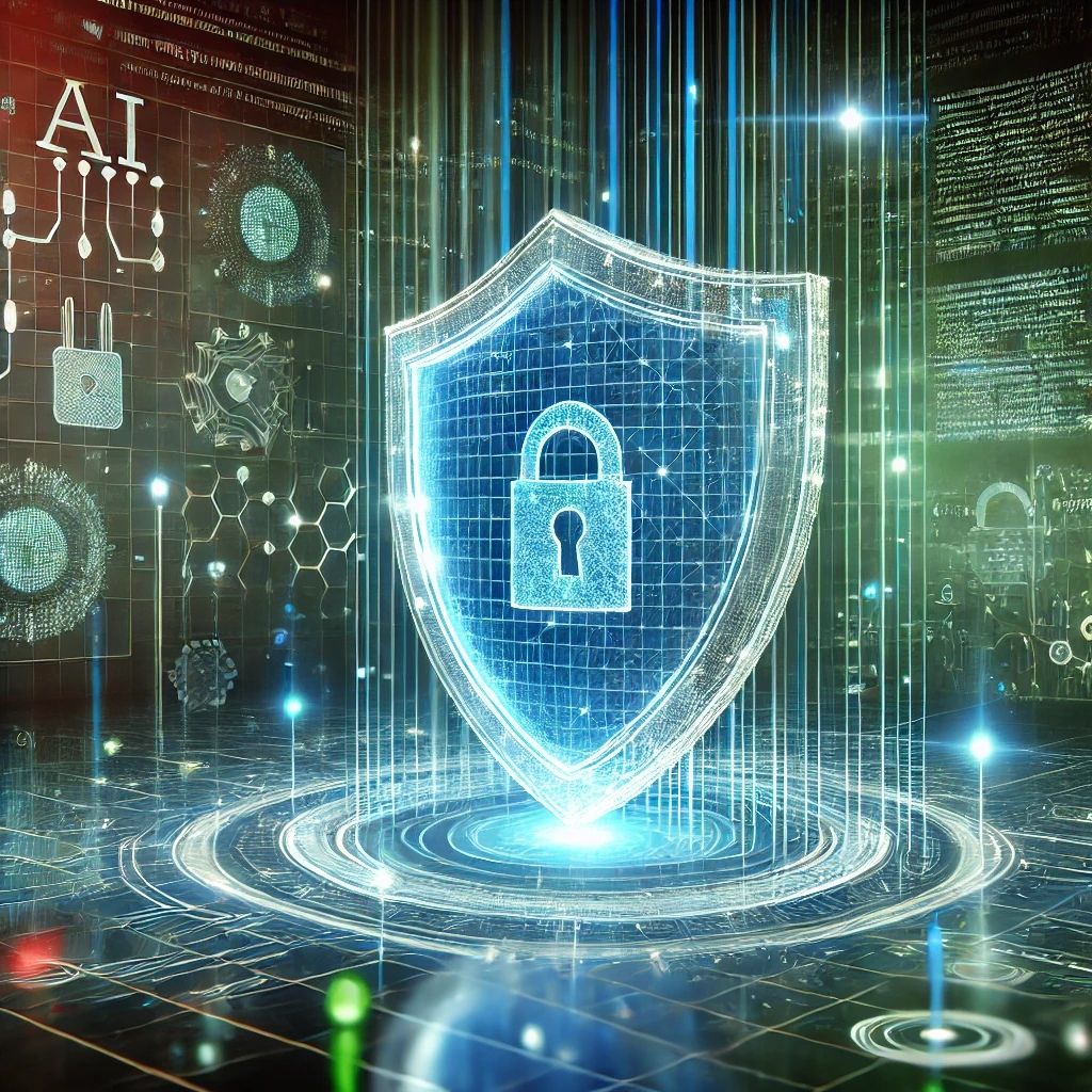 DALL·E 2025-03-12 14.07.08 - A digital artwork representing cybersecurity and virtualization. In the foreground, a holographic shield protects data streams within a virtual enviro.webp