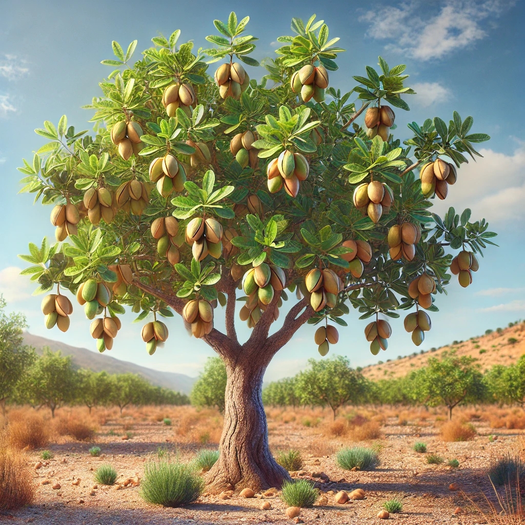 DALL·E 2025-03-15 16.24.48 - A realistic image of a pistachio tree (Pistacia vera L.) in a dry, sunny orchard. The tree has lush green leaves and clusters of ripe pistachio nuts h.webp