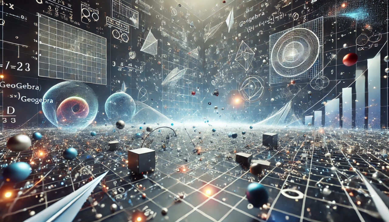 DALL·E 2025-03-17 16.40.04 - A surreal 3D world where GeoGebra's graphing interface comes to life. Mathematical functions, geometric shapes, and equations float in mid-air, formin.webp