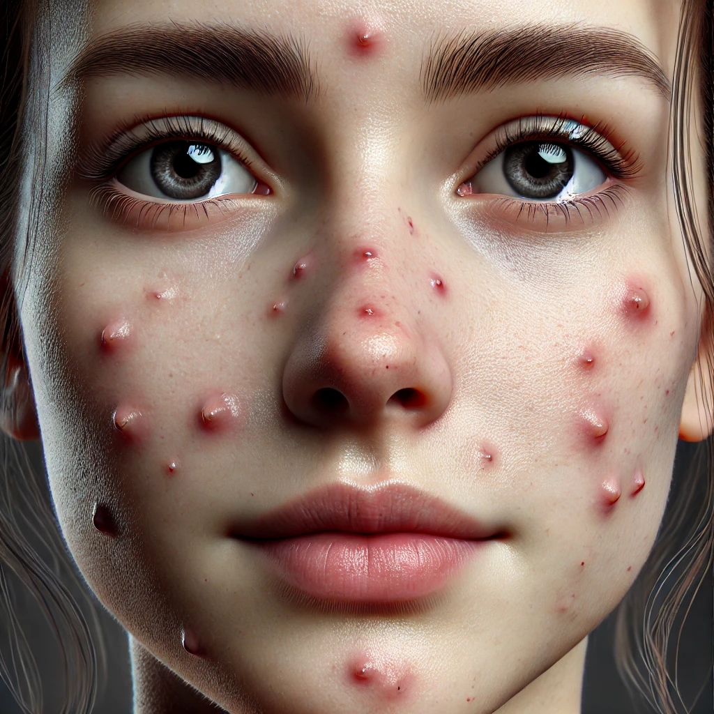 DALL·E 2025-03-23 17.56.17 - A realistic close-up image of a young woman's face, focusing on the nose and cheeks, showing a moderate to severe case of comedones (numerous blackhea.webp