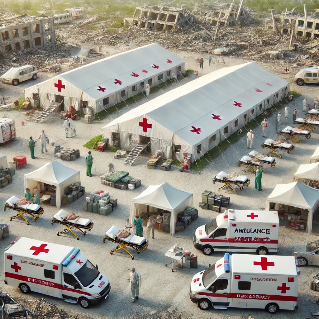 DALL·E 2025-03-26 12.41.19 - A realistic illustration of a field hospital in a disaster zone. The hospital consists of large white tents with red crosses, medical personnel treati.webp
