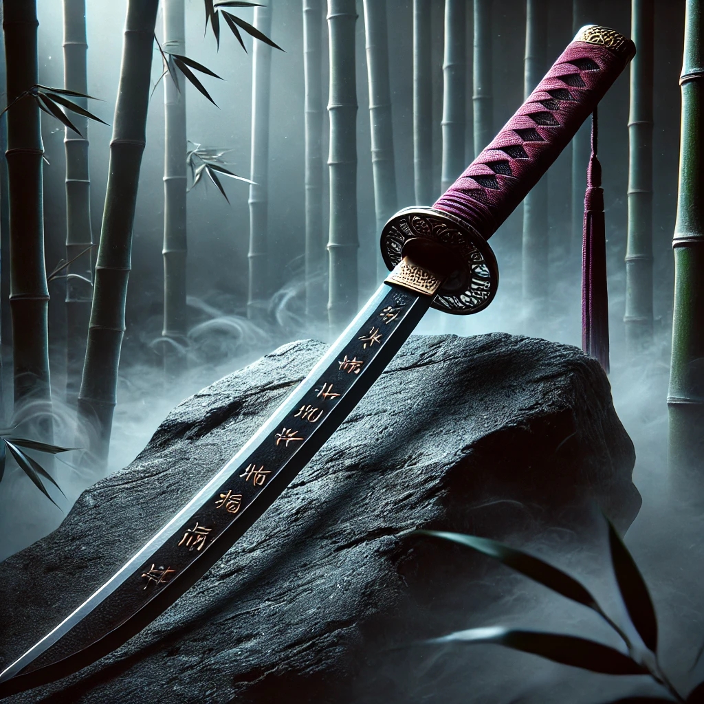 DALL·E 2025-03-30 14.31.36 - A digital artwork of a legendary ninja sword, sleek and curved blade with ancient engravings glowing faintly, resting on a black obsidian rock in a mi.webp