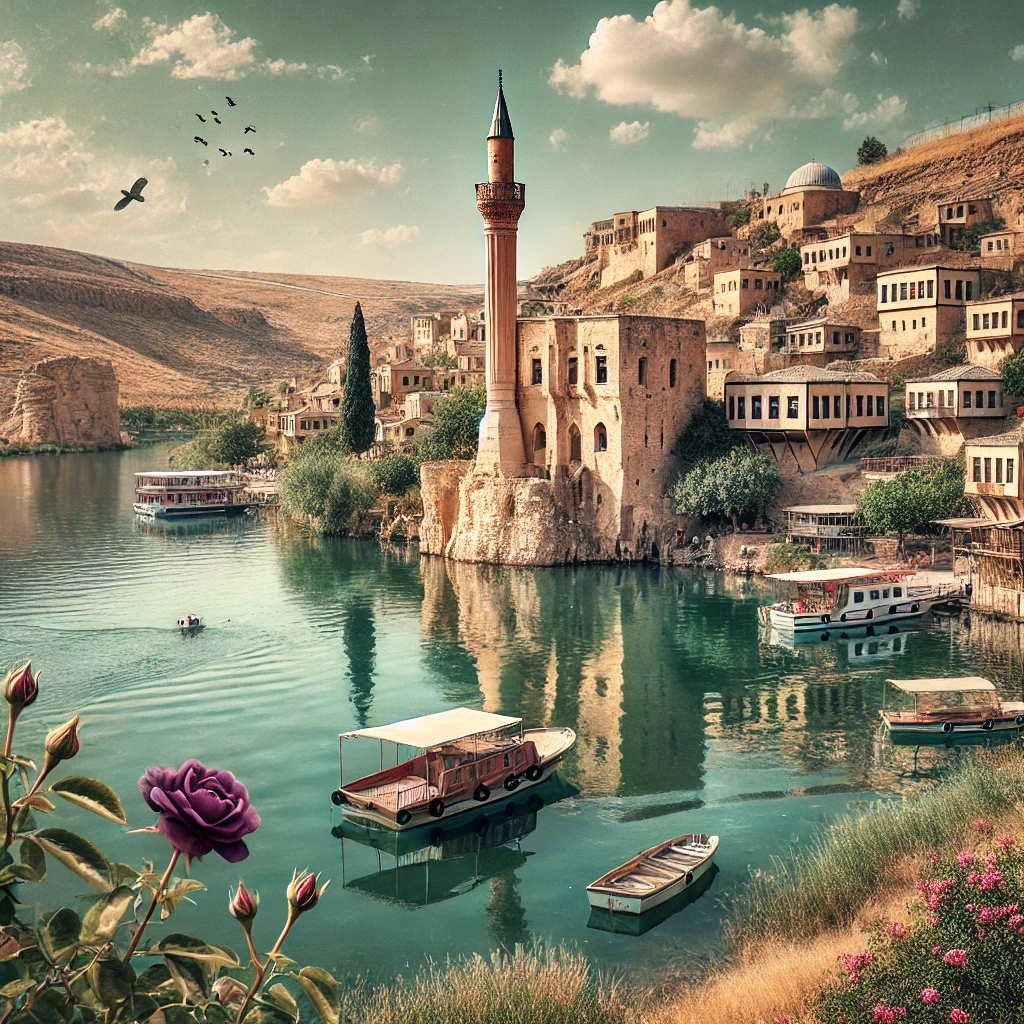 DALL·E 2025-03-24 00.35.31 - A peaceful landscape of Halfeti, a historical town in Turkey. In the foreground, the calm Euphrates River flows gently. A partially submerged minaret .webp