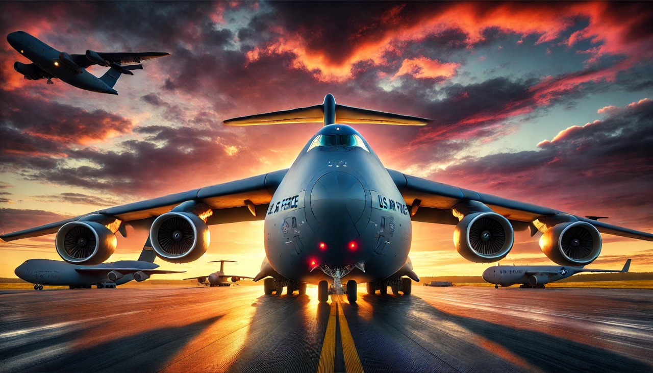 DALL·E 2025-04-14 11.04.51 - A highly detailed, realistic AI-generated image of the Lockheed C-5M Super Galaxy military transport aircraft viewed from a low front-left angle, emph.webp