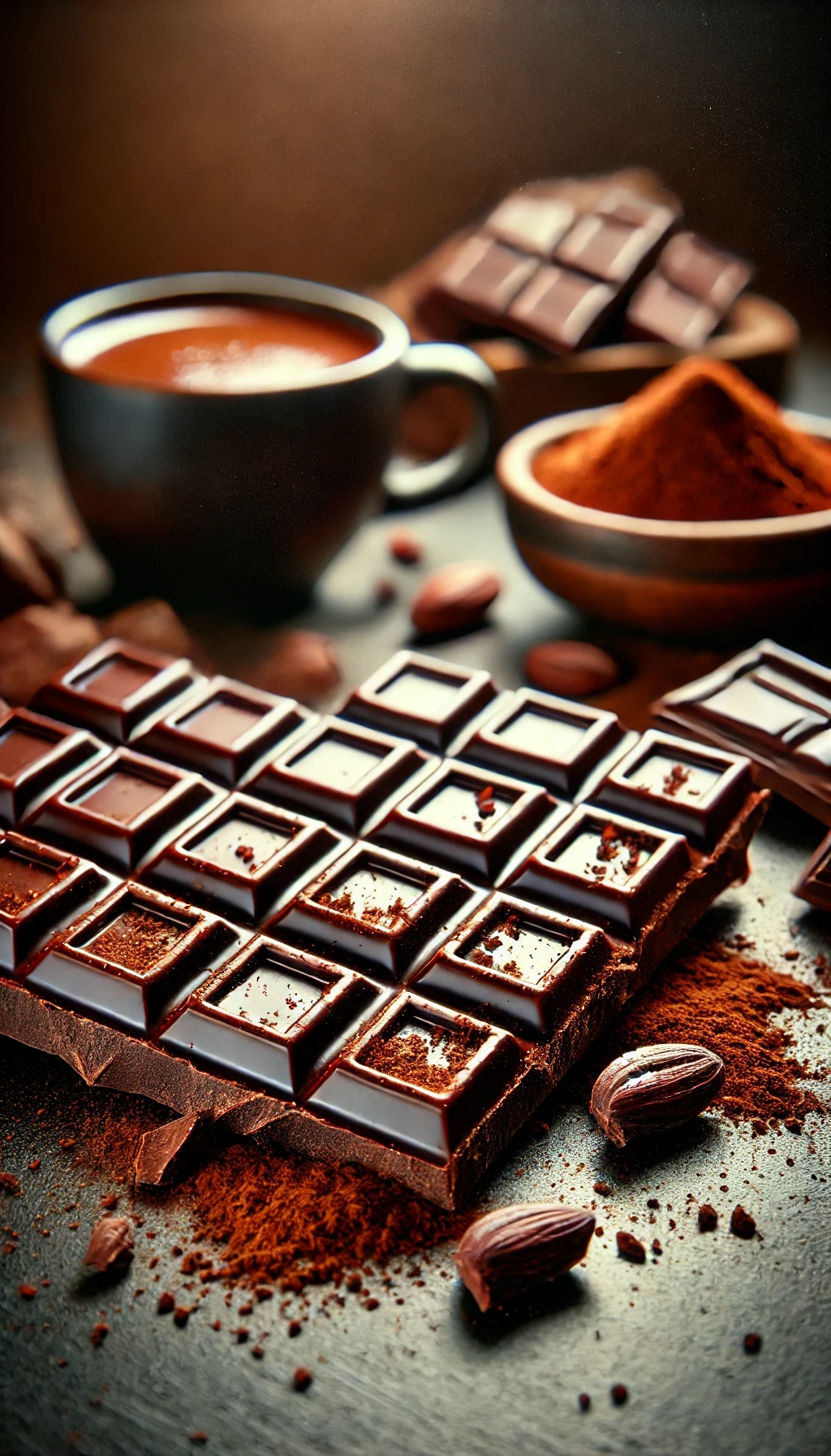 DALL·E 2025-03-24 22.38.40 - A high-quality close-up of a rich, dark chocolate bar with a glossy surface, broken into pieces, with cocoa powder sprinkled around. A few cocoa beans.webp