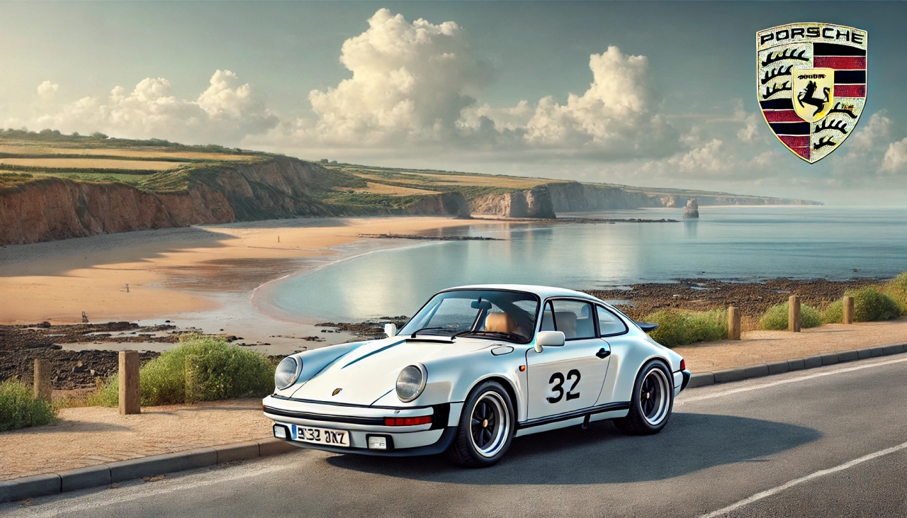 DALL·E 2025-05-15 22.25.45 - A realistic illustration of a white Porsche 911 parked by a scenic seaside road. The car is shown in daylight with reflections of the ocean and sky on.webp