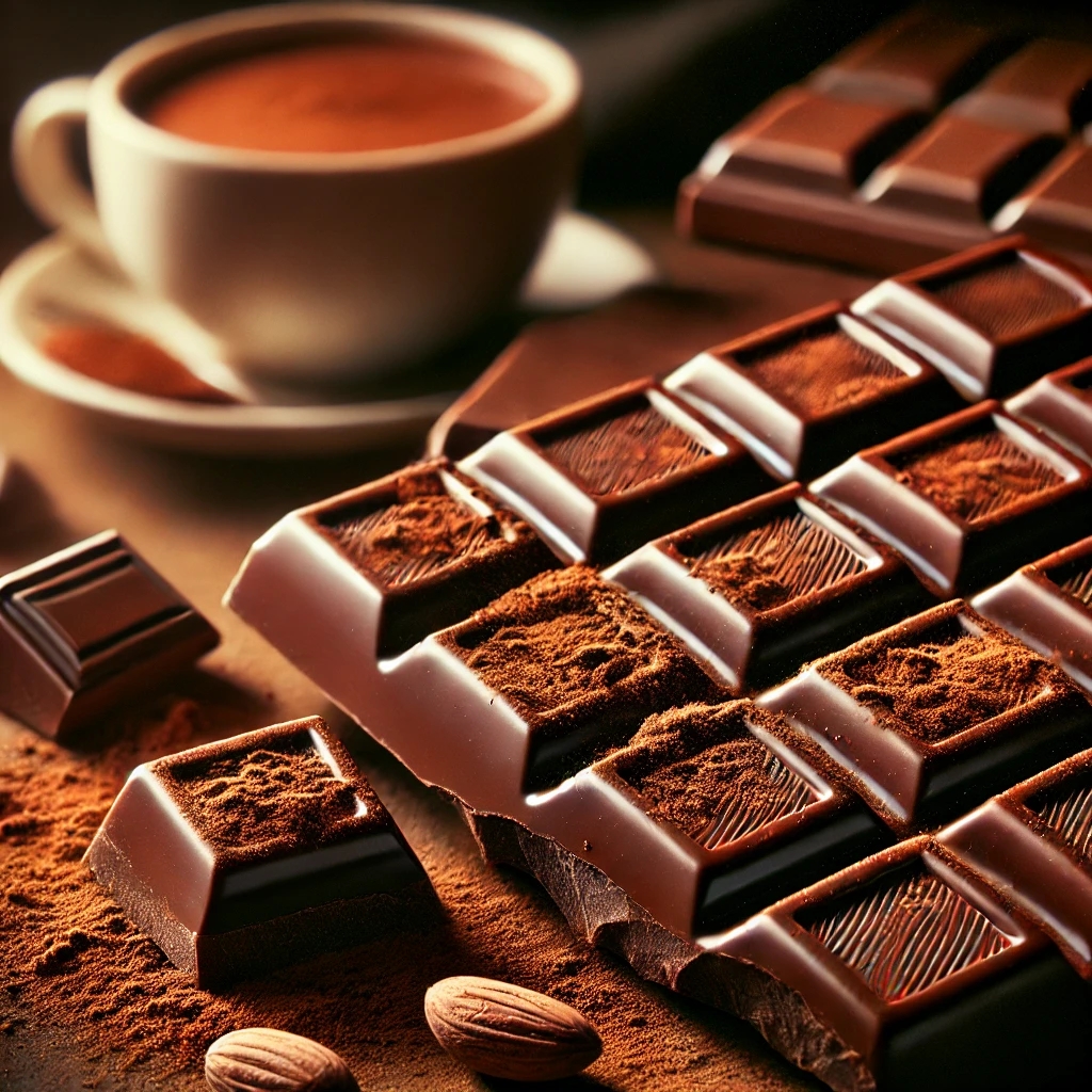 DALL·E 2025-03-24 22.08.54 - A close-up of a rich, dark chocolate bar with a glossy surface, broken into pieces, with cocoa powder sprinkled around. A few cocoa beans and a cup of.webp