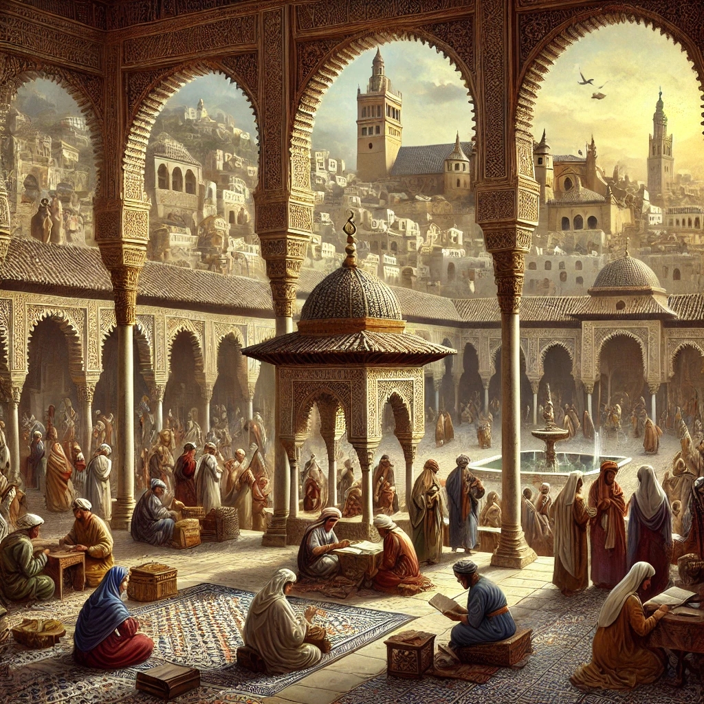 DALL·E 2025-09-30 14.48.45 - A detailed, text-free historical painting-style image depicting Andalusian Muslims during the height of Al-Andalus. The scene includes a beautiful cit.webp