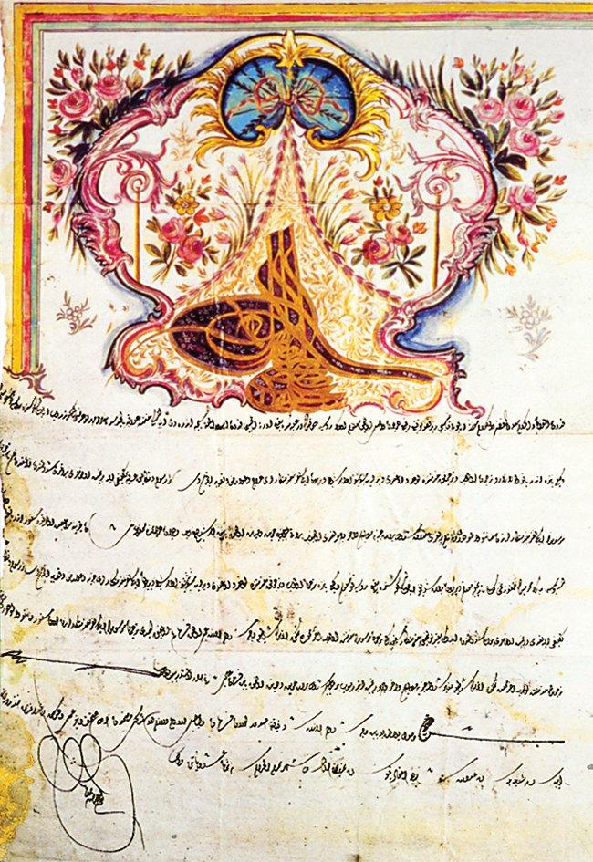Elçilik görevlisi Santo’nun vergilerden muafiyetiyle ilgili III. Selim’in 1803 tarihli bir fermanı(BA, Müzehheb Fermanlar, nr. 524/1)