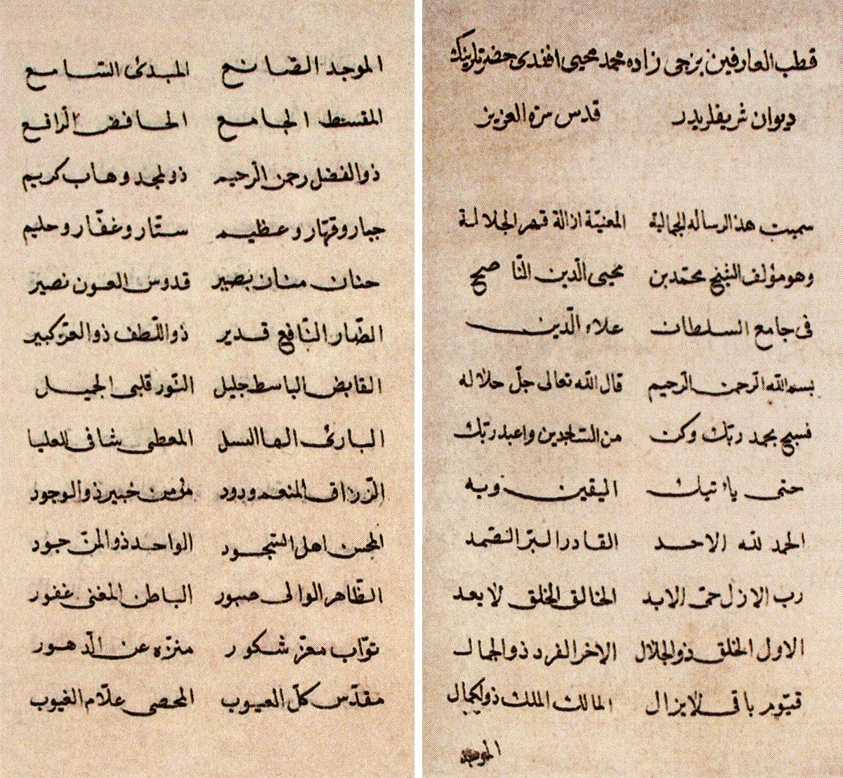 Bezcizâde Mehmed Muhyiddin divanınınilk iki sayfası (İstanbul Belediyesi Atatürk Kitaplığı,Osman Ergin, nr. 1544)