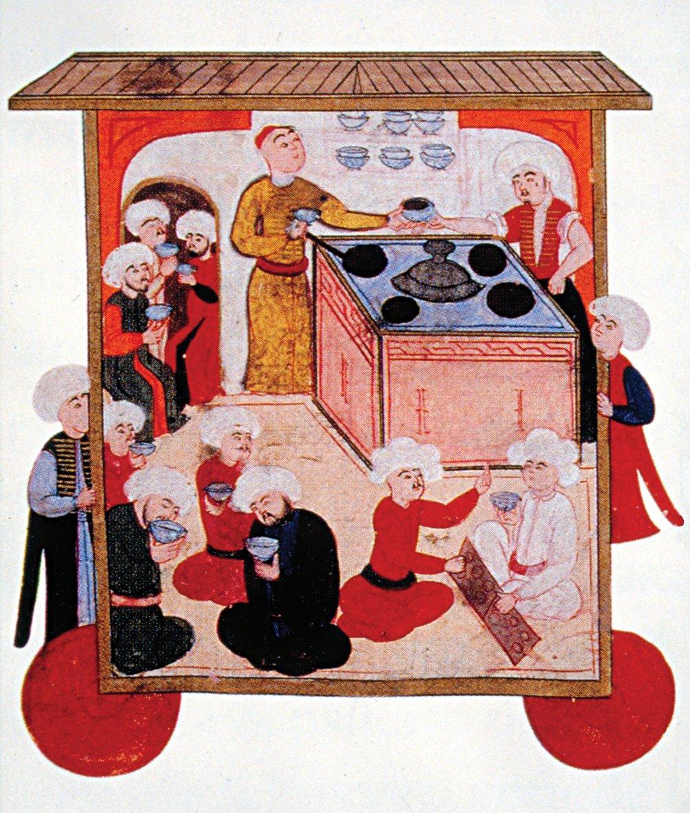 XVI. yüzyılda bir kahvehanenin tasvir edildiği minyatür (Seyyid Lokmân, Surnâme-i Hümâyun, TSMK, Hazine, nr. 1344, vr. 367a’dan bir detay)