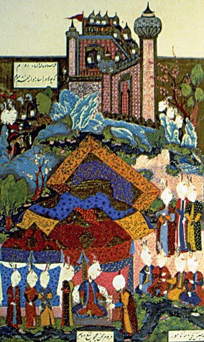Irakeyn Seferi sırasında Osmanlı elçisinin Şah Tahmasb tarafından kabulünü tasvir eden minyatür (Süleymannâme, TSMK, Hazine, nr. 1517, vr. 374a)