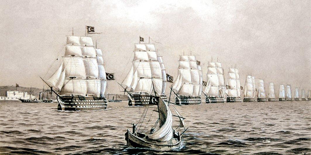 Yelkenli gemilerden oluşan Osmanlı donanmasını 1247’de (1831) Akdeniz’de seyrederken gösteren bir resim (Hüsnü Tengüz Albümü, İstanbul Deniz Müzesi, nr. 578, vr. 22a)