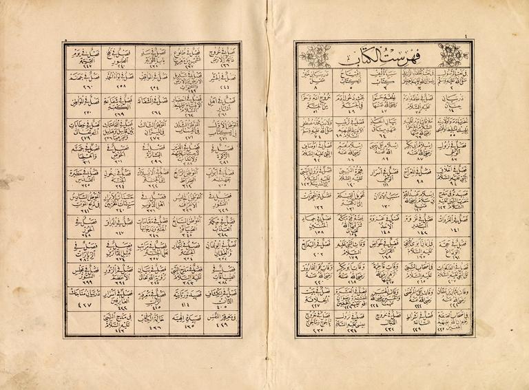 Muhammediyye’nin Ahmed Râkım Efendi hattı ve Seyyid Ali Efendi tezyinatıyla, Tabhâne-i Âmire’ye ait 1271 [1854-55] tarihli taşbaskısının fihrist sayfaları