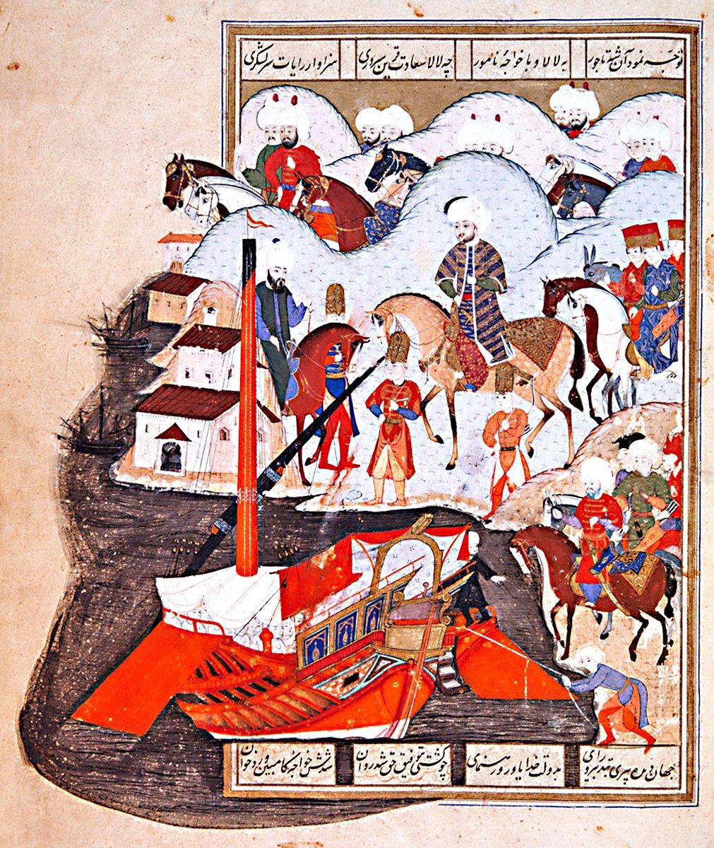 Cülûs için İstanbul’a gitmekte olan Şehzâde Murad’ı Mudanya İskelesi’nde tasvir eden minyatür (Şehinşâhnâme, İÜ Ktp., FY, nr. 1404, vr. 7a)