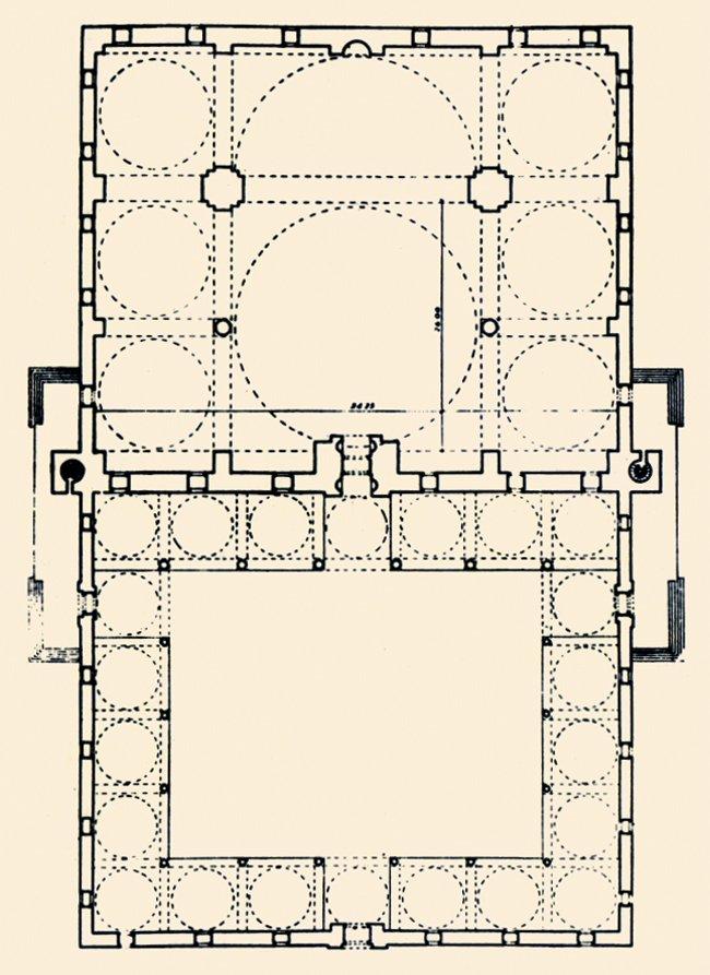 Yarım kubbenin ilk defa büyük ölçüde ele alındığı İstanbul Eski Fâtih Camii’nin planı