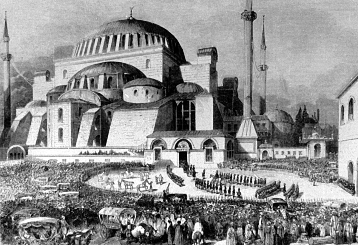 Ayasofya’nın tamiri tamamlandığında Sultan Abdülmecid’in açılış yaptığı ilk cuma selâmlığı (S. Eyice fotoğraf arşivi, L’Illustration dergisinden)